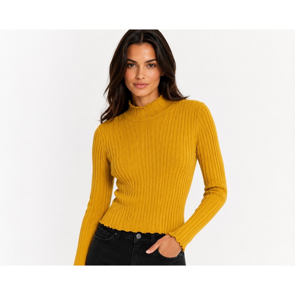 H&M Mustard Yellow Ribbed Knit Mock Neck Long Sleeve Top XS NWT